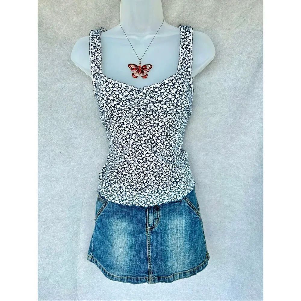 Old Navy Ribbed Tank Top Medium Blue Floral Fitted Cotton Blend Casual